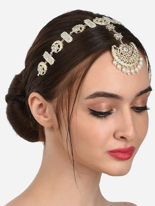 Gold Plated White Kundan & Pearls Mathapatti Style Maangtikka | Hair Accessory VitansEthnics