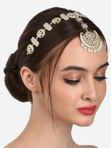 Gold Plated White Kundan & Pearls Mathapatti Style Maangtikka | Hair Accessory VitansEthnics