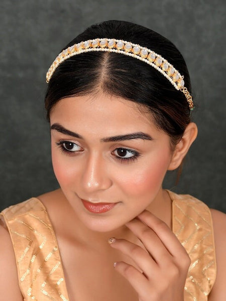 Women Gold Plated White Kundan Studded Pearl Matha Patti, Matha Patti Headband For Women, Alia Bhatt Style Matha patti, Hair Jewellery VitansEthnics