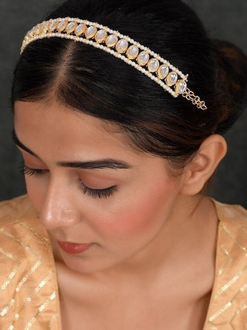 Women Gold Plated White Kundan Studded Pearl Matha Patti, Matha Patti Headband For Women, Alia Bhatt Style Matha patti, Hair Jewellery VitansEthnics