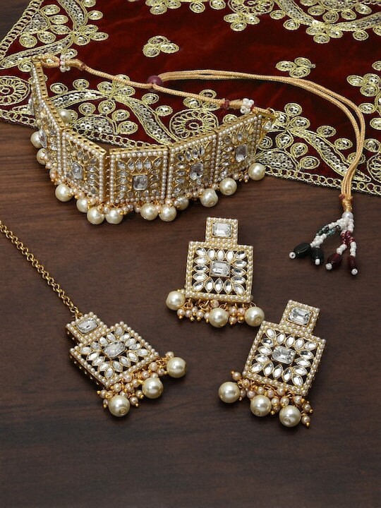 Gold Plated Kundan Studded Pearl Beaded Jewellery Set, Indian Necklace Earrings And Maangtikka Set, Bollywood Jewelry Set VitansEthnics