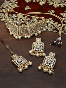 Gold Plated Kundan Studded Pearl Beaded Jewellery Set, Indian Necklace Earrings And Maangtikka Set, Bollywood Jewelry Set VitansEthnics