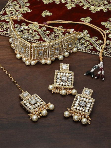 Gold Plated Kundan Studded Pearl Beaded Jewellery Set, Indian Necklace Earrings And Maangtikka Set, Bollywood Jewelry Set VitansEthnics