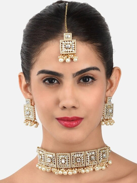 Gold Plated Kundan Studded Pearl Beaded Jewellery Set, Indian Necklace Earrings And Maangtikka Set, Bollywood Jewelry Set VitansEthnics