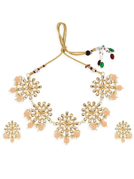 Gold Plated White & Peach Kundan Beaded Jewellery Set, Indian Necklace With Earrings, Bollywood Jewelry Set, Indian Choker For Women VitansEthnics