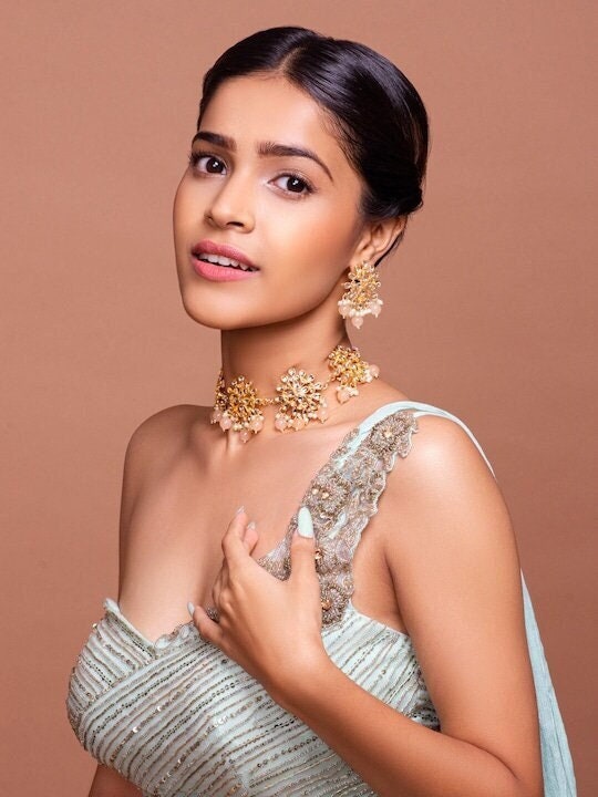 Gold Plated White & Peach Kundan Beaded Jewellery Set, Indian Necklace With Earrings, Bollywood Jewelry Set, Indian Choker For Women VitansEthnics