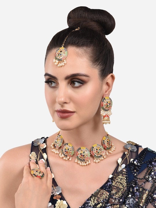Gold Plated Green & Red Stone Studded Meenakari Jewellery Set, Indian Necklace Earrings Maangtikka And Ring Set, Bollywood Jewelry Set VitansEthnics