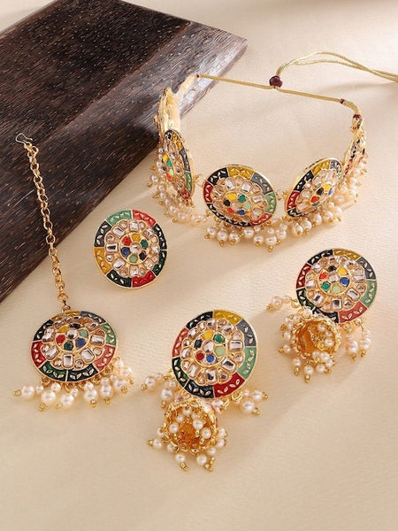 Gold Plated Green & Red Stone Studded Meenakari Jewellery Set, Indian Necklace Earrings Maangtikka And Ring Set, Bollywood Jewelry Set VitansEthnics