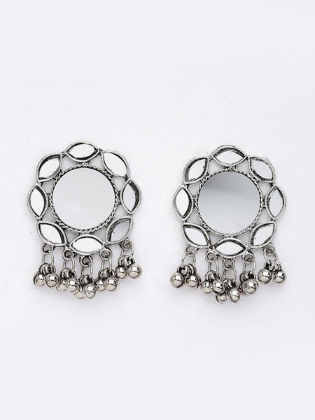 Silver Plated Oxidized Mirror Work Drop Earrings with Ring, Earrings With Ring Set, Indian Jewellery Set, Wedding Jewelry, Contemporary Set VitansEthnics