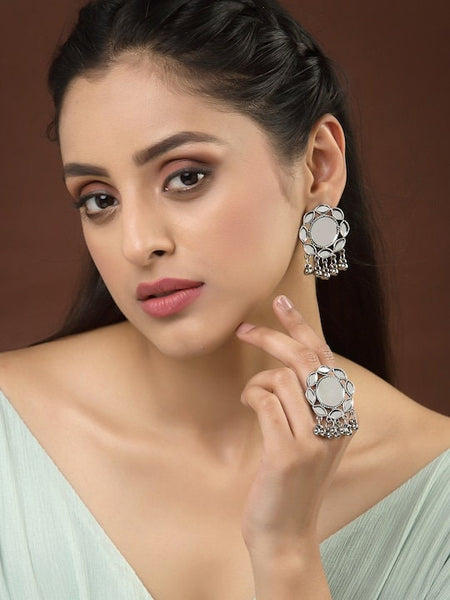 Silver Plated Oxidized Mirror Work Drop Earrings with Ring, Earrings With Ring Set, Indian Jewellery Set, Wedding Jewelry, Contemporary Set VitansEthnics