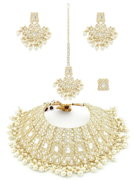 Gold Plated White Kundan Studded & Pearl Beaded Bridal Jewellery Set, Indian Necklace Earrings Maangtikka Ring Set, Bollywood Jewelry Set VitansEthnics