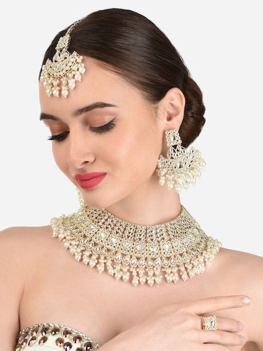 Gold Plated White Kundan Studded & Pearl Beaded Bridal Jewellery Set, Indian Necklace Earrings Maangtikka Ring Set, Bollywood Jewelry Set VitansEthnics
