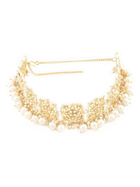 Women Gold Plated White Stone Studded Pearl Beaded Matha Patti, Matha Patti Headband For Women, Alia Bhatt Style Matha patti, Hair Jewellery VitansEthnics