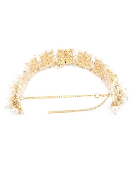 Women Gold Plated White Stone Studded Pearl Beaded Matha Patti, Matha Patti Headband For Women, Alia Bhatt Style Matha patti, Hair Jewellery VitansEthnics