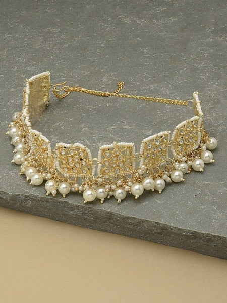 Women Gold Plated White Stone Studded Pearl Beaded Matha Patti, Matha Patti Headband For Women, Alia Bhatt Style Matha patti, Hair Jewellery VitansEthnics