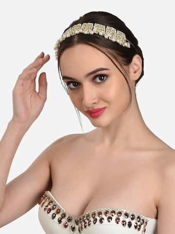 Women Gold Plated White Stone Studded Pearl Beaded Matha Patti, Matha Patti Headband For Women, Alia Bhatt Style Matha patti, Hair Jewellery VitansEthnics