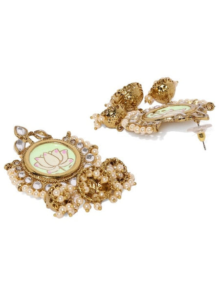 Lotus Indian Jhumka Earrings, Pearl Earrings, Traditional Indian Earrings, Bridal Jewelry, Gold Toned & Green Geometric Jhumkas VitansEthnics