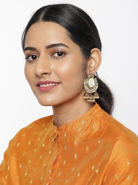 Lotus Indian Jhumka Earrings, Pearl Earrings, Traditional Indian Earrings, Bridal Jewelry, Gold Toned & Green Geometric Jhumkas VitansEthnics