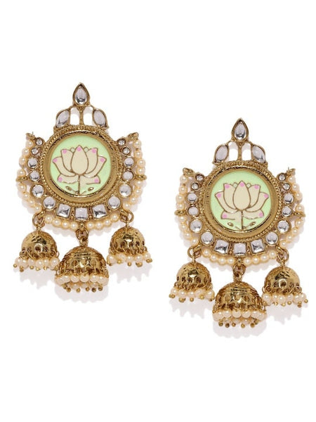 Lotus Indian Jhumka Earrings, Pearl Earrings, Traditional Indian Earrings, Bridal Jewelry, Gold Toned & Green Geometric Jhumkas VitansEthnics