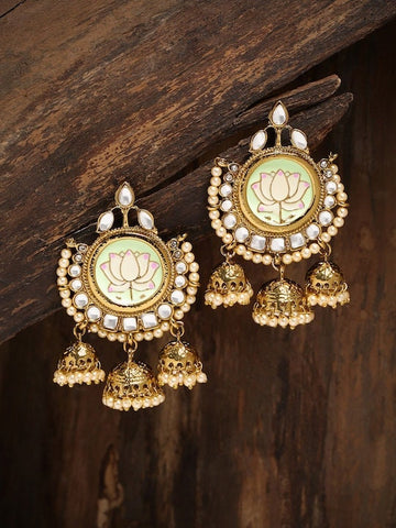 Lotus Indian Jhumka Earrings, Pearl Earrings, Traditional Indian Earrings, Bridal Jewelry, Gold Toned & Green Geometric Jhumkas VitansEthnics
