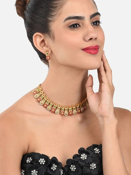 Gold-Plated Ethnic Jewellery Set, Indian Necklace With Earrings Set, Bollywood Jewelry Set, Red Rajasthani Jewellery Set, Traditional Set VitansEthnics