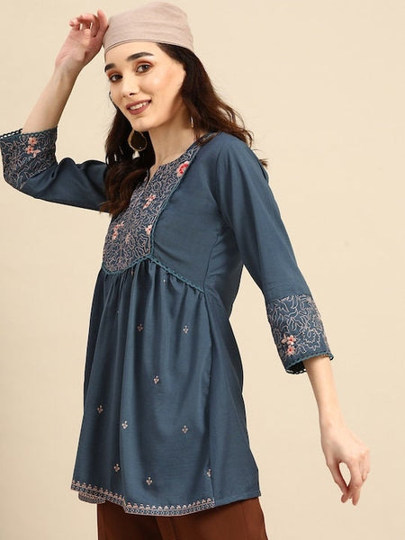 Indian Teal Blue Embroidered Longline Top VitansEthnics