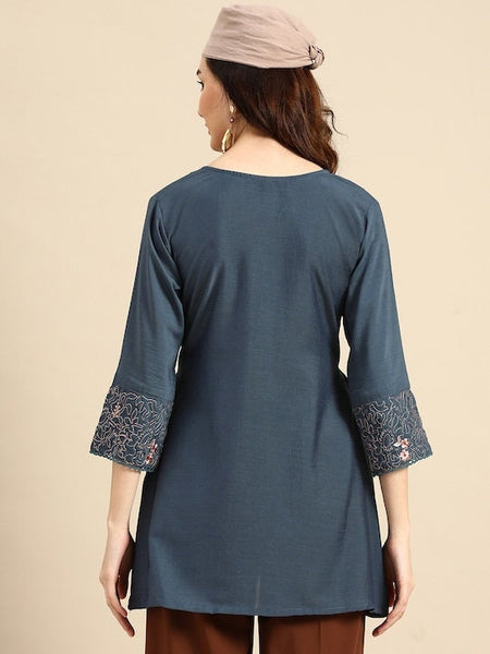 Indian Teal Blue Embroidered Longline Top VitansEthnics