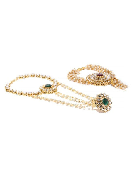 Set Of 2 Gold-Plated Pearl & Kundan Hand harness For Women, Haath Phool, Bracelet With Attached Ring, Indian Traditional Bridal Jewelry VitansEthnics