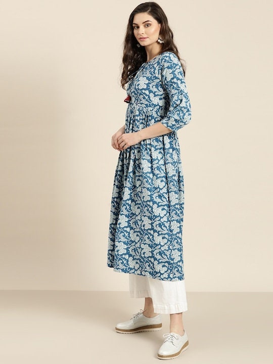 anarkali midi dress Blue & Off-White Printed Anarkali Kurta For Women XL