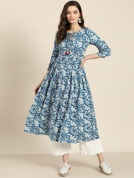 Blue & Off-White Printed Anarkali Kurta For Women, Indian Dress For Women, Printed Indo Western Outfit, Anarkali Dress, Kurta, Fusion Dress VitansEthnics
