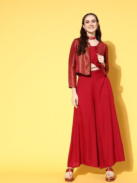 Women Elegant Red Top with Solid Palazzos And Jacket Set, Indo Western Ethnic Set for women, Crop top with palazzo and shrug, Brocade Set VitansEthnics