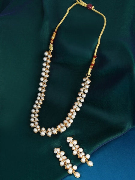 Gold-Toned & White Contemporary Pearls Studded Jewellery Set VitansEthnics