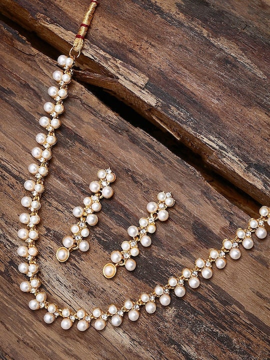 Gold-Toned & White Contemporary Pearls Studded Jewellery Set VitansEthnics