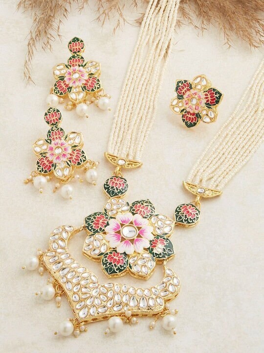 Multi-Colored Gold Plated Kundan Studded Long Jewellery Set VitansEthnics