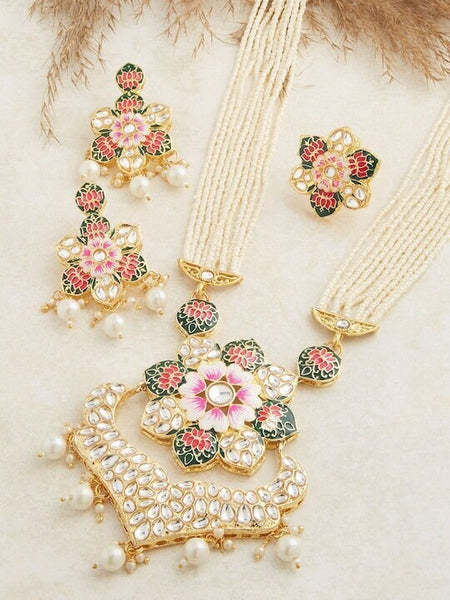 Multi-Colored Gold Plated Kundan Studded Long Jewellery Set VitansEthnics