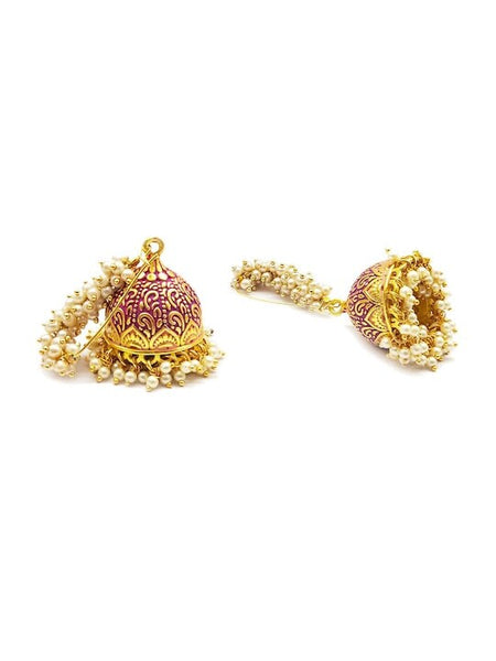 Gold-Toned & Pink Meenakari Enamel Pearls Ethnic Jhumka Earrings VitansEthnics
