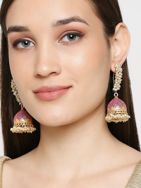 Gold-Toned & Pink Meenakari Enamel Pearls Ethnic Jhumka Earrings VitansEthnics