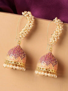 Gold-Toned & Pink Meenakari Enamel Pearls Ethnic Jhumka Earrings VitansEthnics