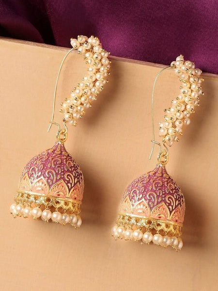 Gold-Toned & Pink Meenakari Enamel Pearls Ethnic Jhumka Earrings VitansEthnics