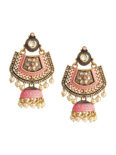 Pink Meenakari Kundan & Pearl Floral Ethnic Drop Jhumka Earrings VitansEthnics