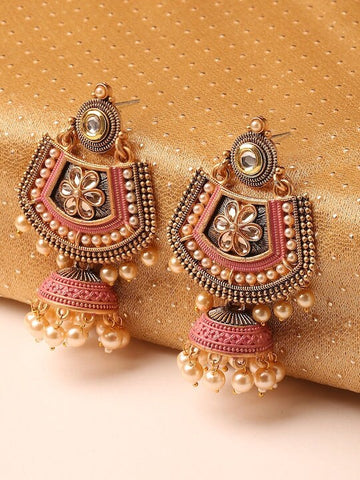 Pink Meenakari Kundan & Pearl Floral Ethnic Drop Jhumka Earrings VitansEthnics