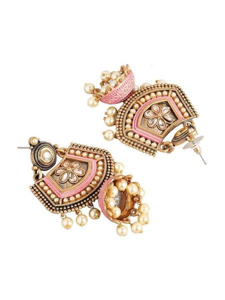 Pink Meenakari Kundan & Pearl Floral Ethnic Drop Jhumka Earrings VitansEthnics