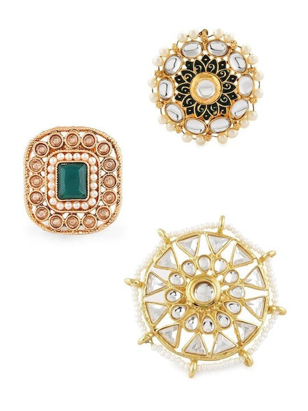 Set Of 3 Gold Plated White & Green Kundan Studded Beaded Meenakari Finger Rings, Indian Rings Set For Women, Wedding Ring, Ethnic Jewelry VitansEthnics