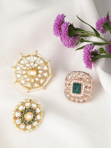 Set Of 3 Gold Plated White & Green Kundan Studded Beaded Meenakari Finger Rings, Indian Rings Set For Women, Wedding Ring, Ethnic Jewelry VitansEthnics