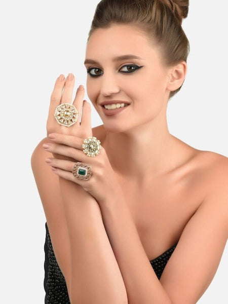 Set Of 3 Gold Plated White & Green Kundan Studded Beaded Meenakari Finger Rings, Indian Rings Set For Women, Wedding Ring, Ethnic Jewelry VitansEthnics