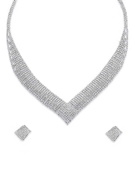 Elegant Rhodium-Plated Silver-Toned & White Crystal-Studded Jewellery Set, Necklace With Earrings Set, Bollywood Jewelry Set VitansEthnics