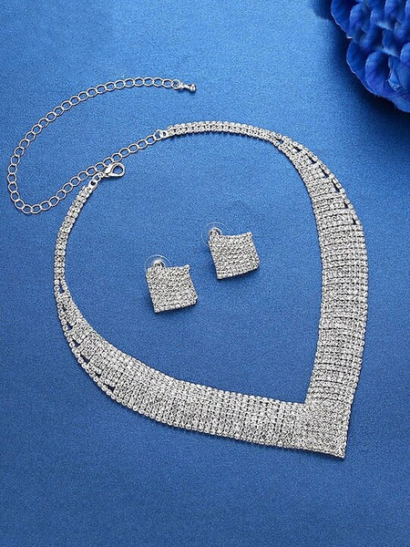 Elegant Rhodium-Plated Silver-Toned & White Crystal-Studded Jewellery Set, Necklace With Earrings Set, Bollywood Jewelry Set VitansEthnics