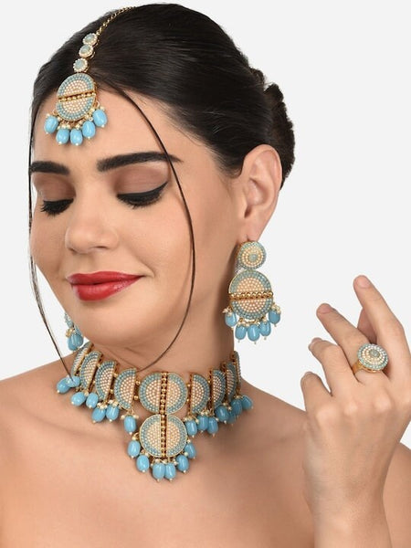 Gold Plated Turquoise Blue Beaded Jewellery Set, Indian Necklace Earrings Maang Tikka And Ring Set, Bollywood Jewelry Set VitansEthnics