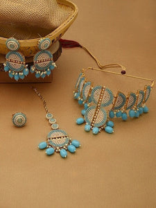 Gold Plated Turquoise Blue Beaded Jewellery Set, Indian Necklace Earrings Maang Tikka And Ring Set, Bollywood Jewelry Set VitansEthnics