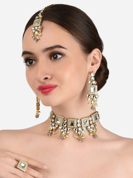 Gold Plated Grey & White Kundan Studded Pearl Beaded Jewellery Set, Indian Necklace Earrings Maangtikka And Ring Set, Bollywood Jewelry Set VitansEthnics